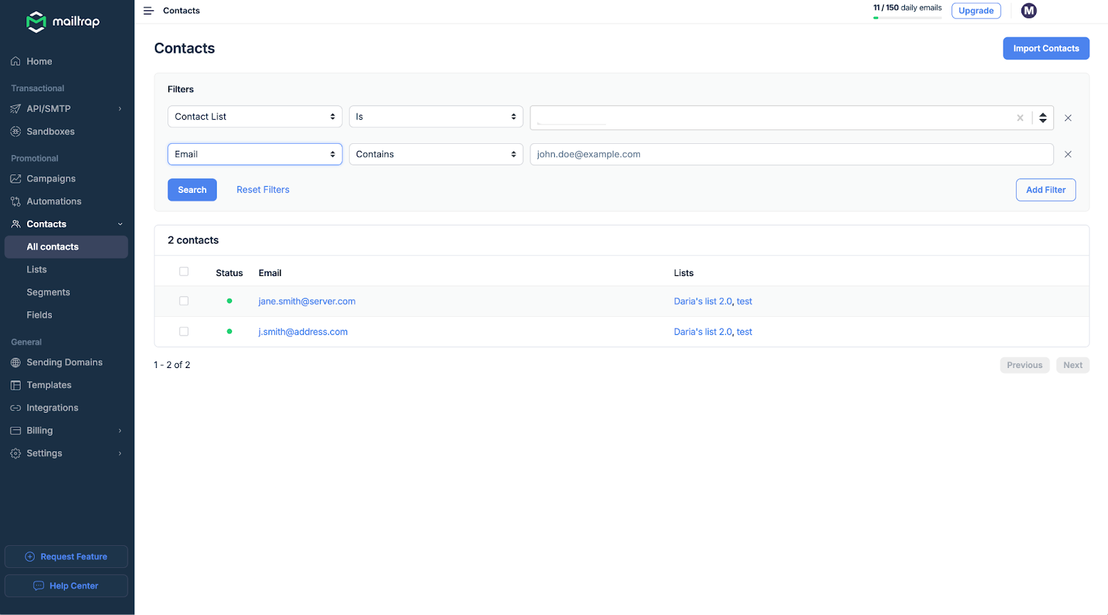Mailtrap email list management interface displaying contact lists with filtering options, subscriber status indicators, segment assignments, contact counts, and list creation tools for organizing email recipients by engagement and attributes